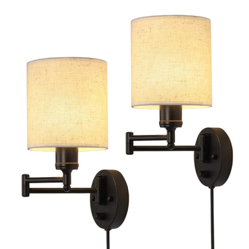 Plug in Wall Sconce Fixtures with Swing Arm Linen Lampshade