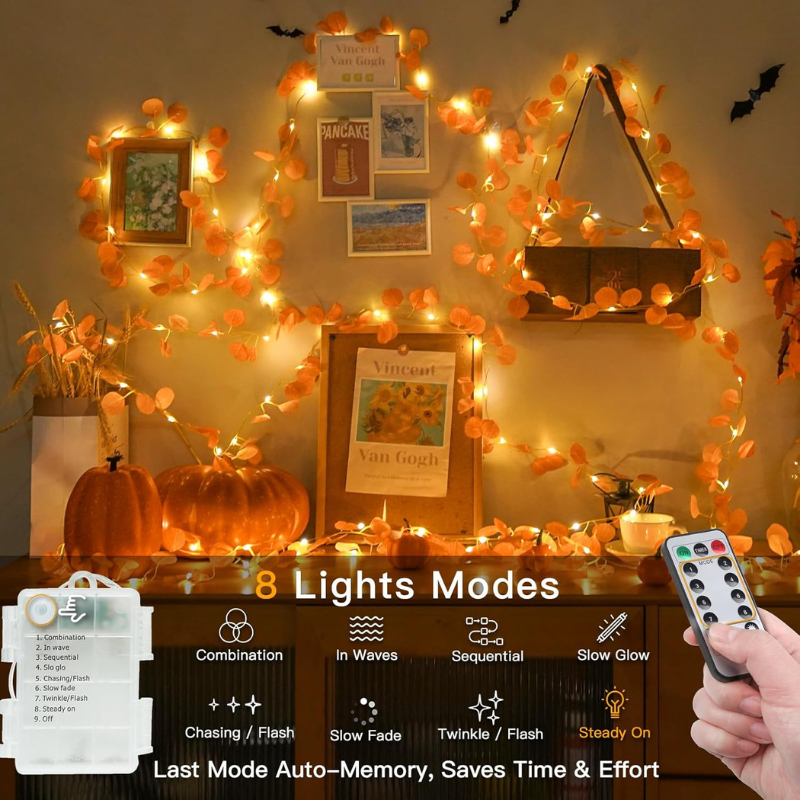 33ft 100 LED Eucalyptus Leaf String Lights Fairy Lights