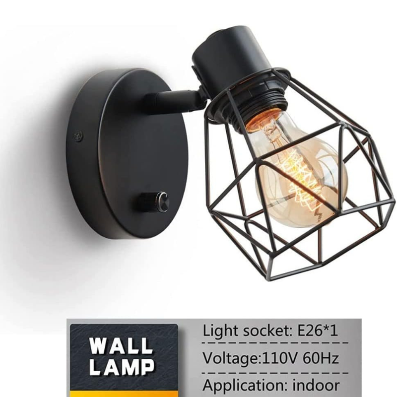 Vintage Metal Cage Wall Sconce with On/Off Switch